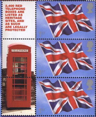 three stamps and labels - red telephone box