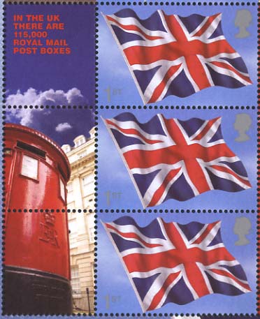 three stamps & labels with street postbox