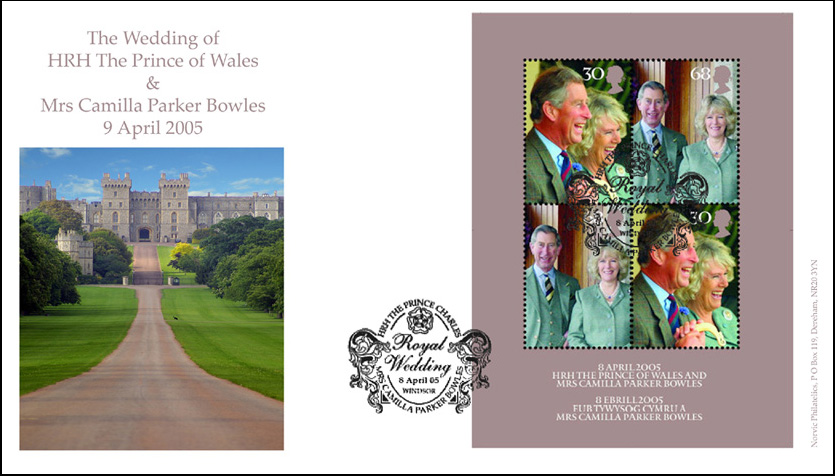 Norvic official first day cover for the Wedding of HRH The Prince of Wales & Mrs Camilla Parker Bowles 8 April 2005, 9 April 2005