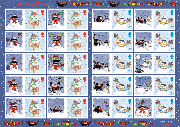 Royal Mail Christmas Smilers stamps 2005 - Robins, cat & mouse