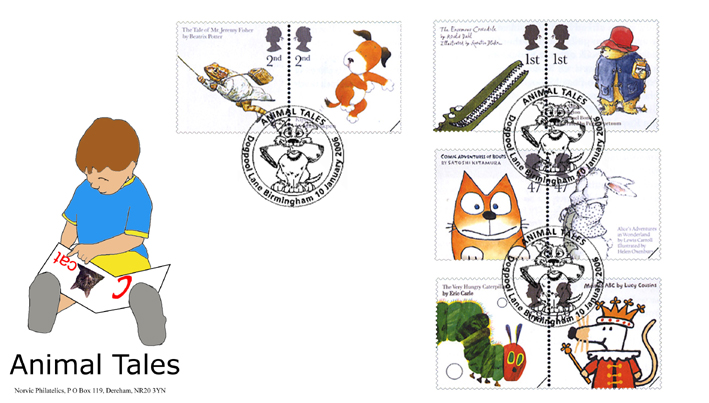 set of 8 Animal Tales stamps on Norvic fdc boy reading book