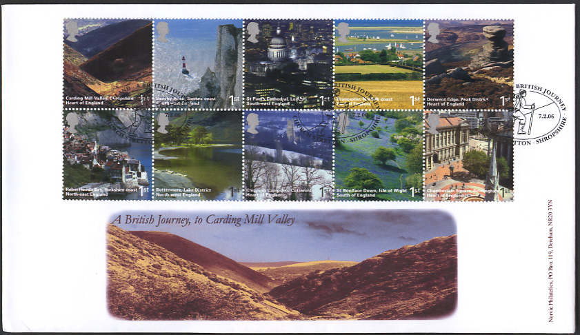 Norvic official first day cover for British Journey set of 10 stamps issued 7 Febrtuary 2006 and map postmark.