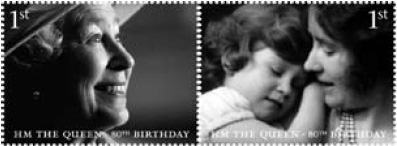 two of the 8 British stamps commemorating the 80th birthday of Queen Elizabeth II.