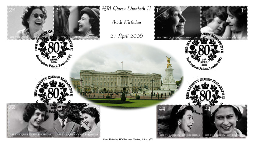 Norvic official first day cover for stamps issued to commemorate 80th birthday of Queen Elizabeth II 18 April 2006