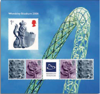 miniature sheet of five stamps commemorating the new Wembley Stadium.