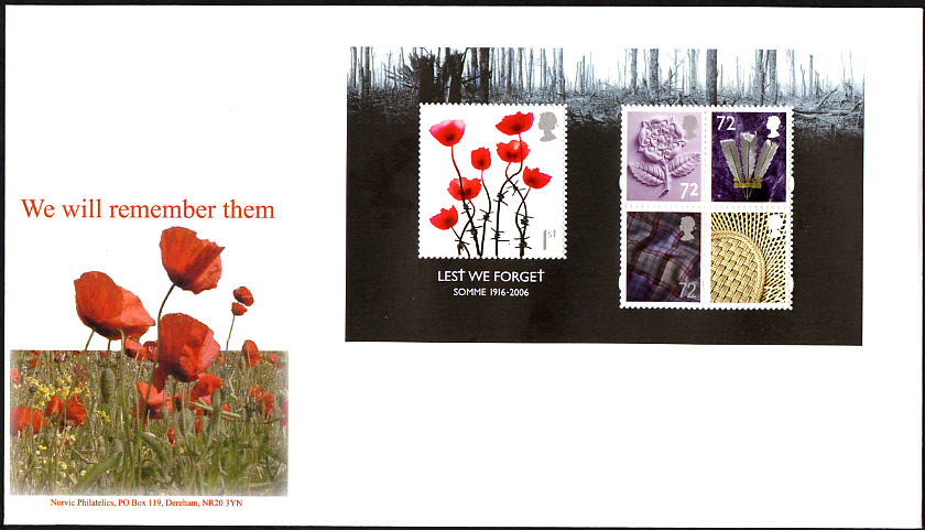 Norvic Philatelics first day cover for Lest We Forget 2006 miniature sheet.