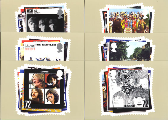 Royal Mail stamp cards for set of 6 Beatles stamps.