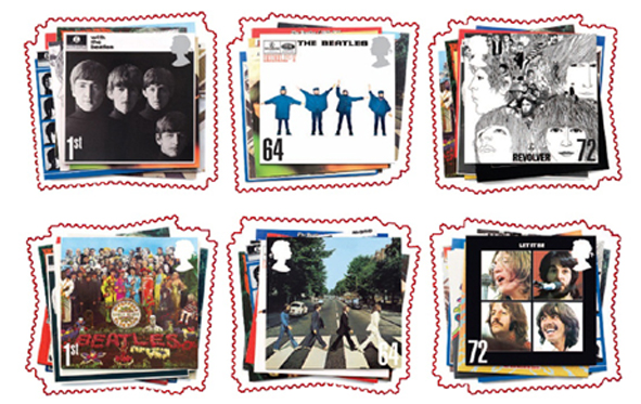 Set of 6 Royal Mail Beatles stamps showing album covers of With the Beatles, Sergeant Pepper, Help, Abbey Road, Revolver and Let it Be.