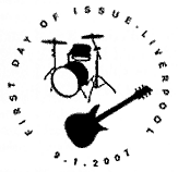 Liverpool postmark illustrated with guitar and drum kit.
