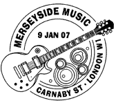 Postmark illustrated with guitar and circles.