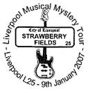 postmark illustrated with guitar and Strawberry Fields street sign.