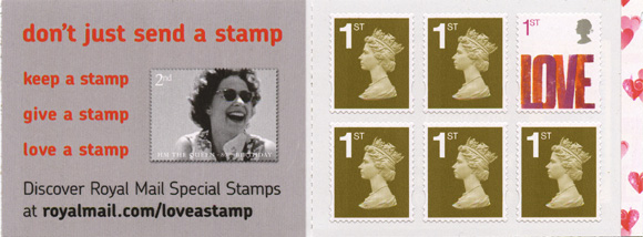 booklet of 6 self-adhesive 1st class stamps, 5 definitive, 1 LOVE greetings.
