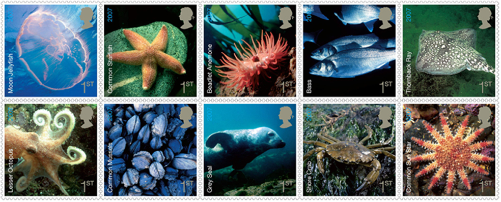 set of 10 stamps showing underwater wildlife from the British coast to be issued 1 February 2007