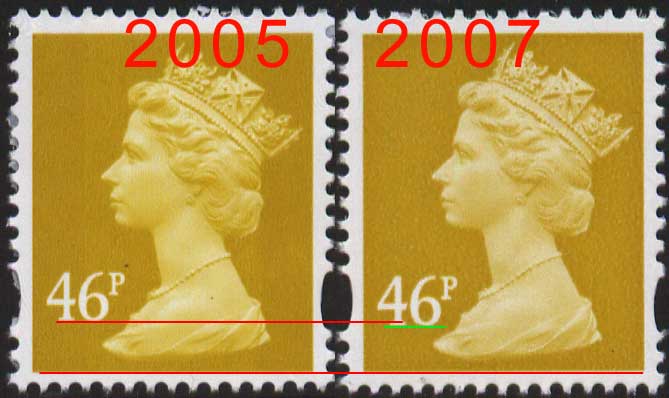 2005 & 2007 Machin 46p stamps showing obvious differences.
