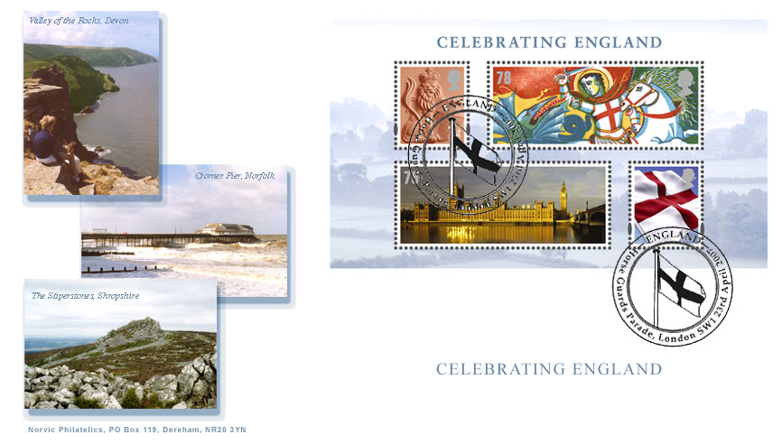 Norvic FDC for the Celebrating England miniature sheet issued 23 April 2007.