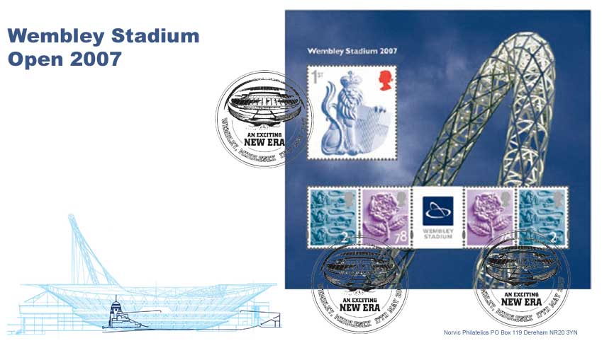 Norvic first day cover for Wembley Stadium miniature sheet issued 17 May 2007.