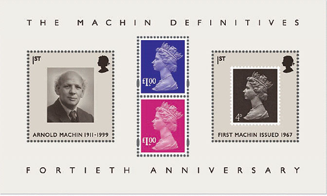 Royal Mail miniature sheet marking the 40th anniversary of the issue of the first definitive stamps in the Arnold Machin design.