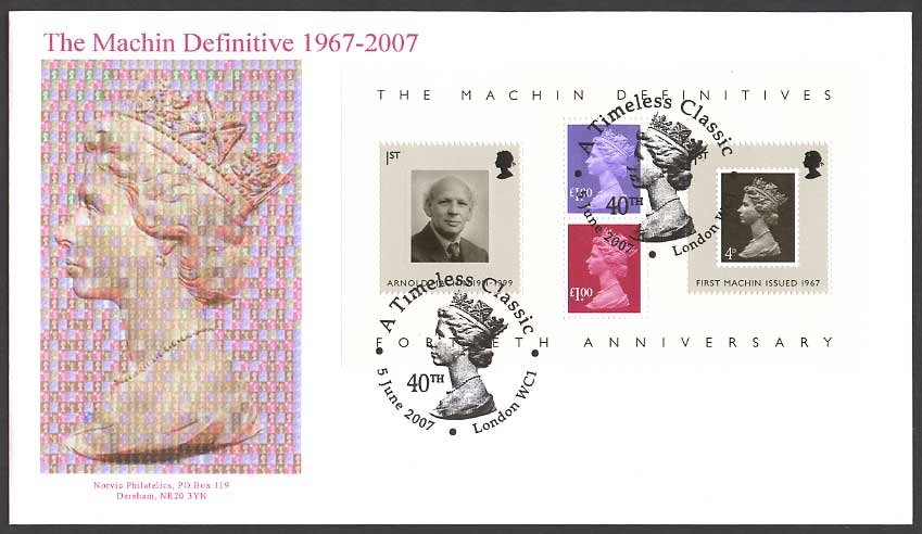 Norvic FDC for the Machin 40th anniversary miniature sheet issued 5 June 2007.