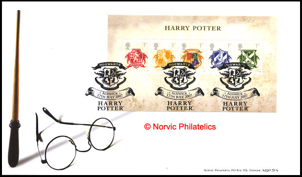 Norvic Philatelics first day cover for the mini-sheet of 5 Harry Potter stamps showing the crest of Hogwarts School and the houses, cancelled with the Hogwarts Crest postmark.
