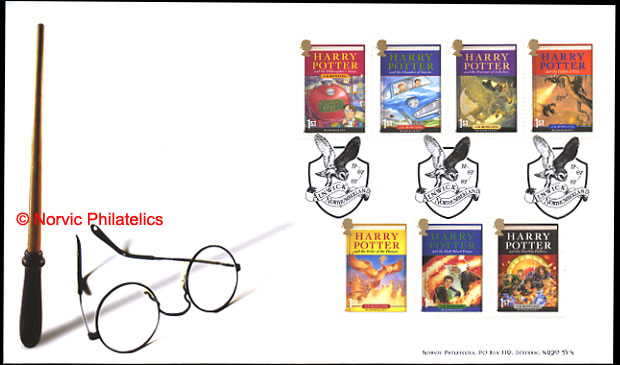 Norvic Philatelics first day cover for the set of 7 Harry Potter stamps showing book covers cancelled with Alnwick postmark.