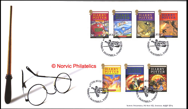 Norvic Philatelics first day cover for the set of 7 Harry Potter stamps showing book covers cancelled with Nimbus postmark.
