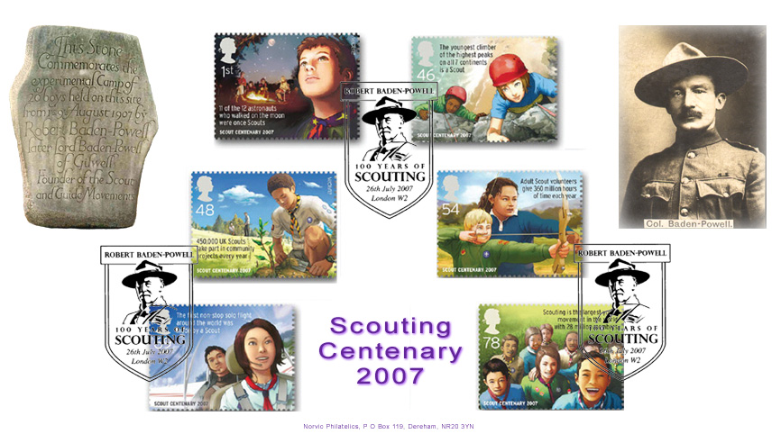 Norvic first day cover for Centenary of Scouting stamp set 26 July 2007.