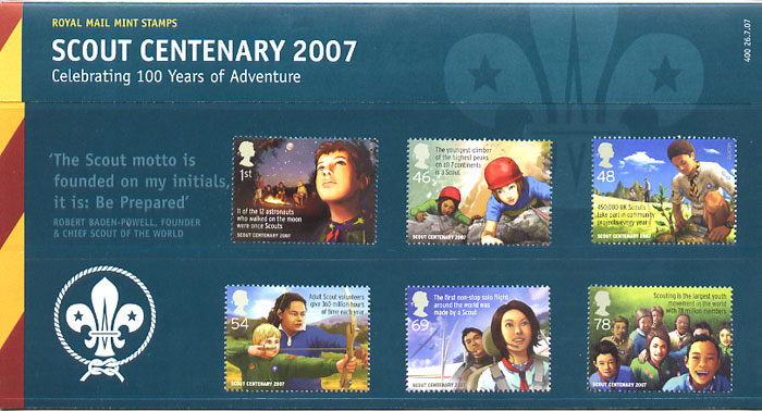 Royal Mail Scouting Centenary stamps presentation pack 26 July 2007.