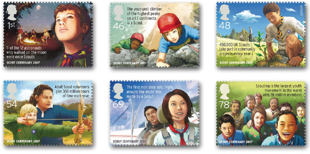 Set of 6 British stamps to commemorate the Centenary of the Scouting movement.