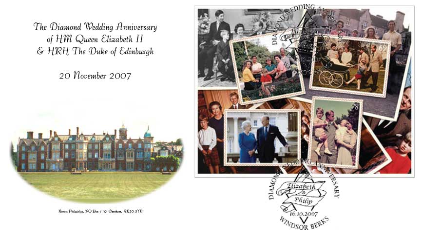 Norvic Philatelics first day cover for the miniature sheet of stamps issued 16 OCtober 2007 for the Queen's Diamond Wedding anniversary 20 November 2007.