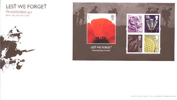 Royal Mail 2007 FDC for Lest We Forget miniature sheet.