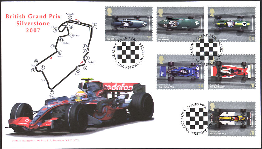 Norvic first day cover for 2007 Motor Racing Grand Prix stamp set.