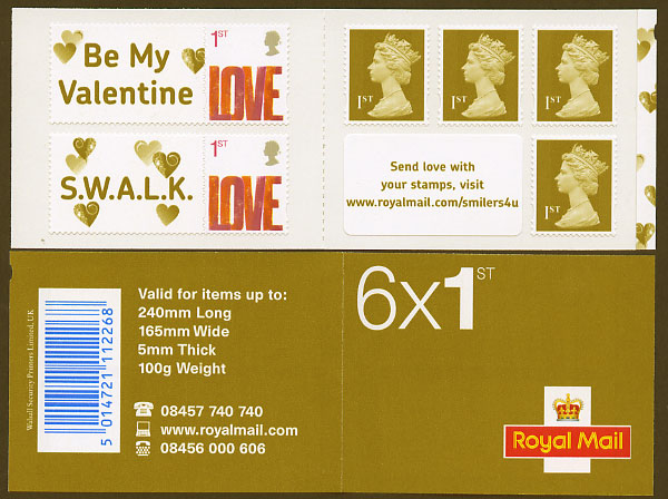 booklet of 6 self-adhesive 1st class stamps, 4 
definitive, 2 LOVE greetings.