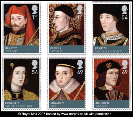 Set of 6 stamps showing Kings Henry IV, Henry V, 
	Henry VI, Edward IV, Edward V, & Richard III.