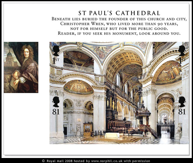 Royal Mail Miniature sheet of 1st class & 78p stamps showing the interior of St Paul's Cathedral with a picture 
of Sir Christopher Wren in the border.