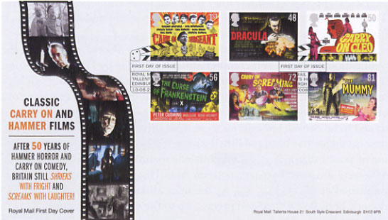 Royal Mail first day cover for Carry On and Hammer Horror stamps.