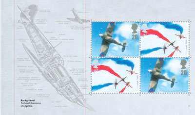 RAF prestige stamp book pane 3 Red Arrows 1st class, and 
Spitfire 20p stamps.