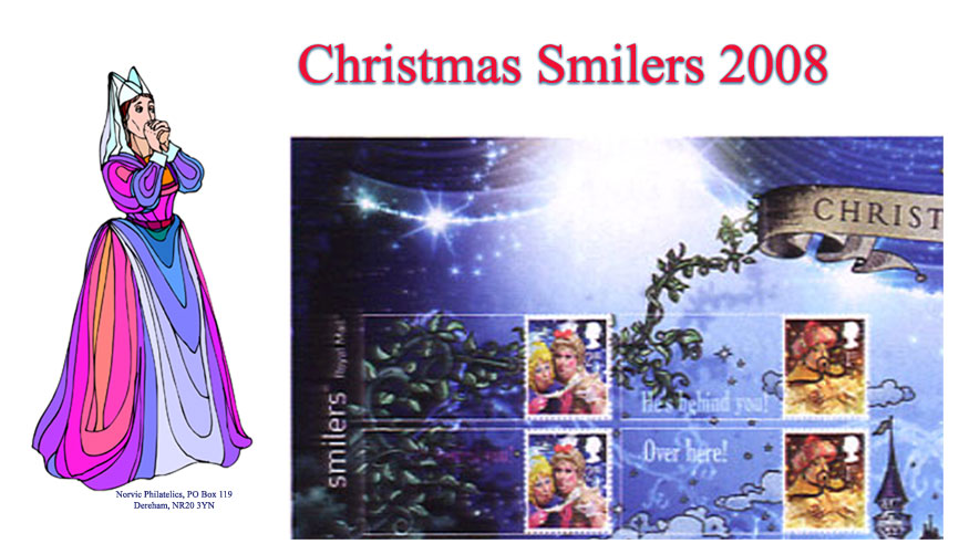 Norvic Philatelics 2008 Christmas First Day Cover 
for Smilers sheet - top left.