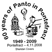 postmark showing 60th anniversary logo of St. Giles Pantomime Society 
	Pontefract.