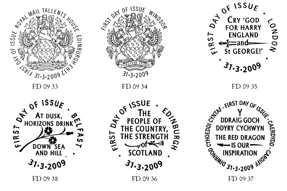 First Day pictorial Postmarks for Tallents House, Windsor, London, Belfast, Edinburgh, Cardiff.