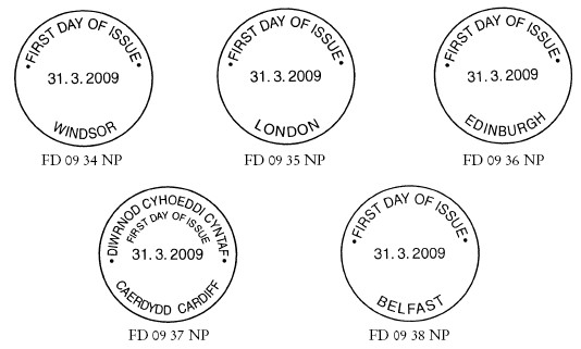 First day non-pictorial postmarks for Windsor, London, Belfast, Cardiff and Edinburgh.