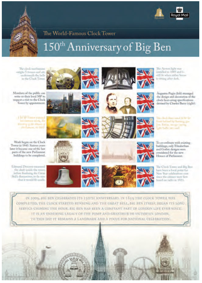 Royal Mail Commemorative Sheet 150th Anniversary of Big Ben, London.