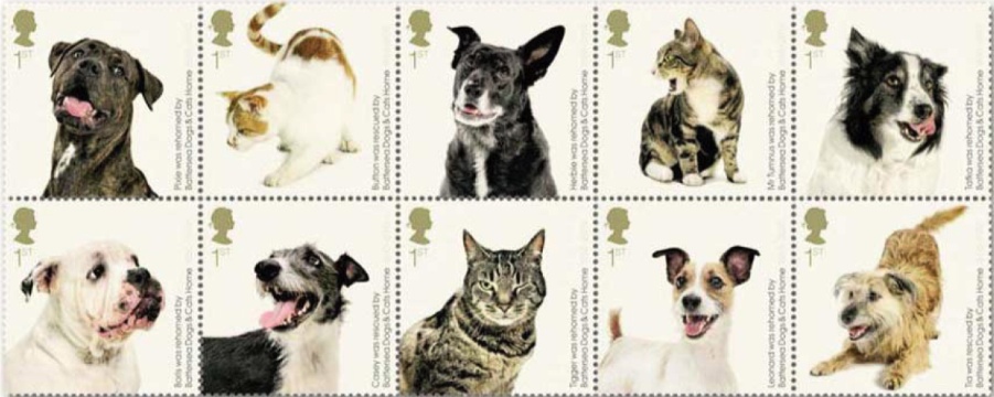set of 10 Battersea dogs & cats stamps issued 11 March 2010.