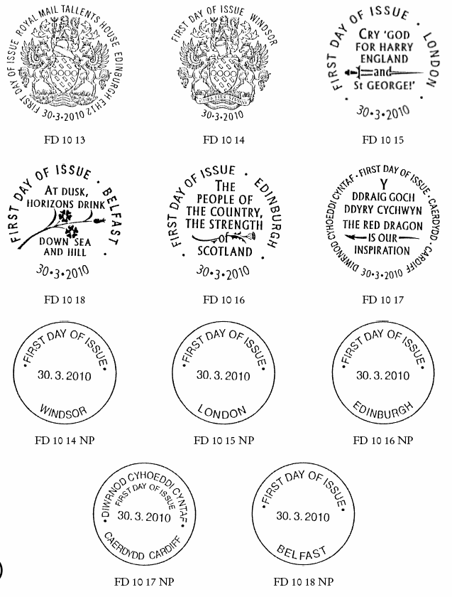 First Day pictorial Postmarks for Tallents House, Windsor, London, Belfast, Edinburgh, Cardiff.