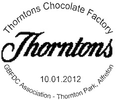 Postmark showing logo of Thorntons chocolate.