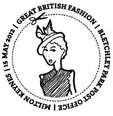 Postmark showing model wearing hat.