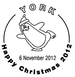 Postmark showing skating penguin cartoon.