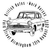 Postmark showing Ford Anglia police car.