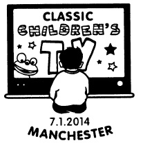 Postmark showing child watching television.