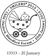 Postmark showing baby in pram.