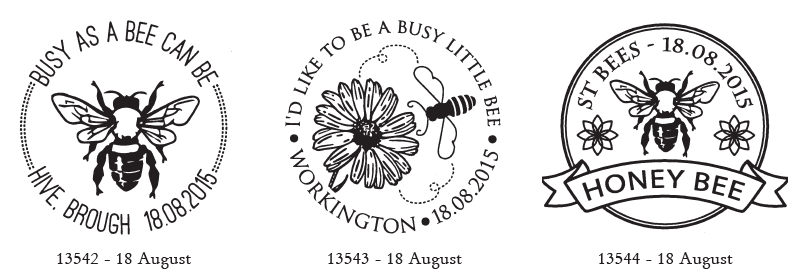 Three first day postmarks for Bees stamps.